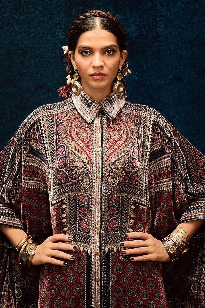Maroon Silk Velvet Circular Gathered Shirt by Rajdeep Ranawat at Pernia's Pop Up Shop