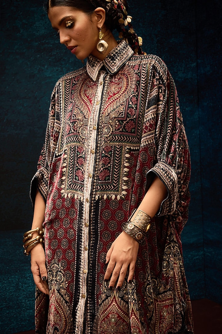 Maroon Silk Velvet Circular Gathered Shirt by Rajdeep Ranawat at Pernia's Pop Up Shop