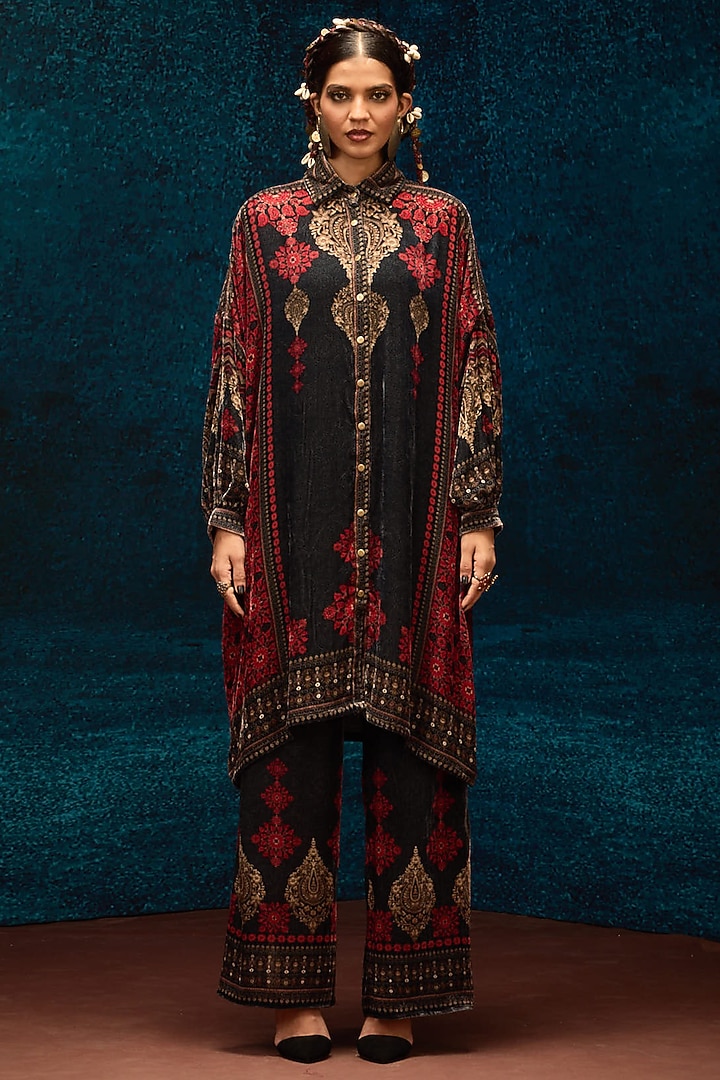 Red & Black Silk Velvet Printed Shirt by Rajdeep Ranawat at Pernia's Pop Up Shop