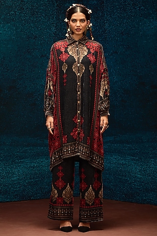 Red & Black Silk Velvet Printed Shirt by Rajdeep Ranawat