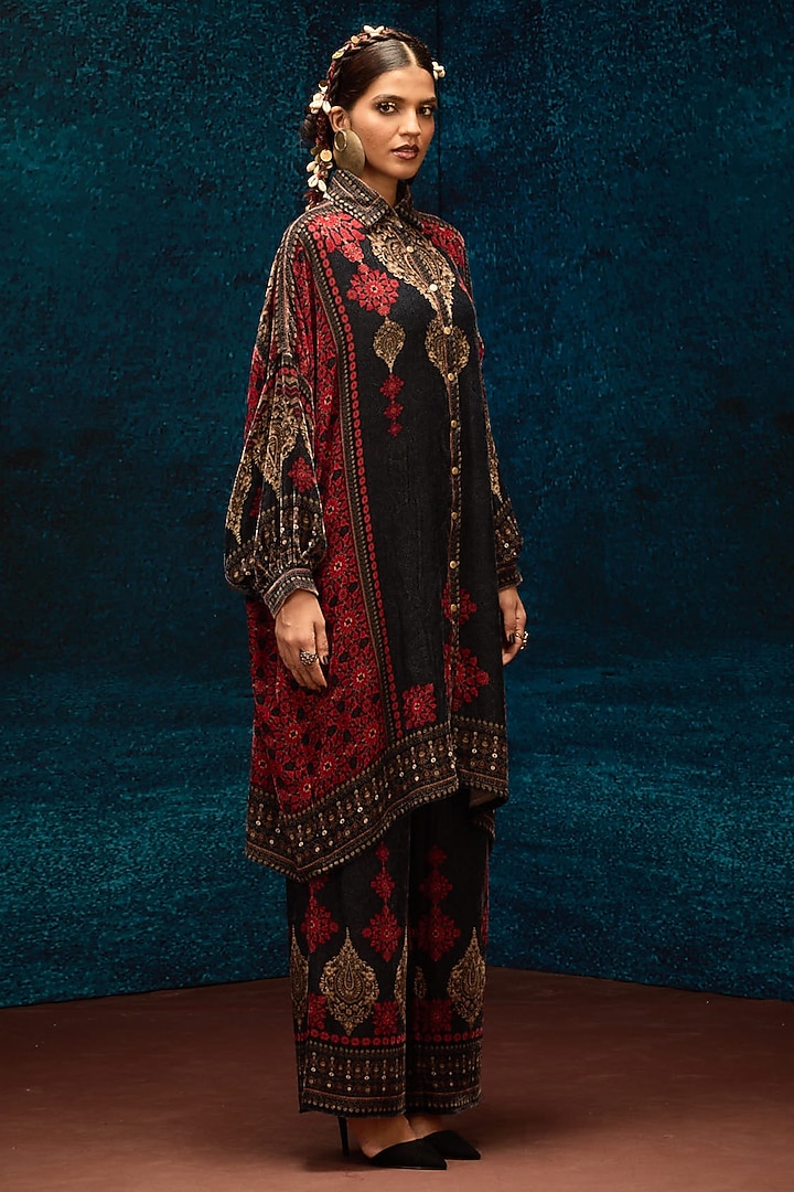 Red & Black Silk Velvet Printed Shirt by Rajdeep Ranawat at Pernia's Pop Up Shop