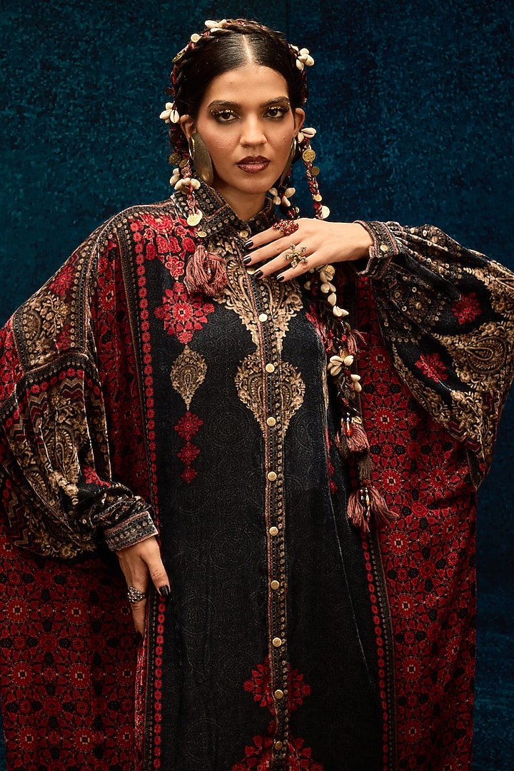 Red & Black Silk Velvet Printed Shirt by Rajdeep Ranawat at Pernia's Pop Up Shop
