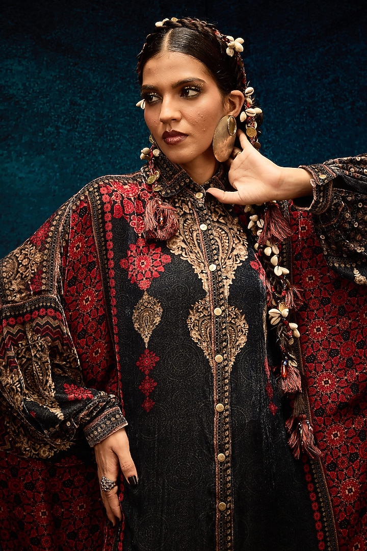 Red & Black Silk Velvet Printed Shirt by Rajdeep Ranawat at Pernia's Pop Up Shop