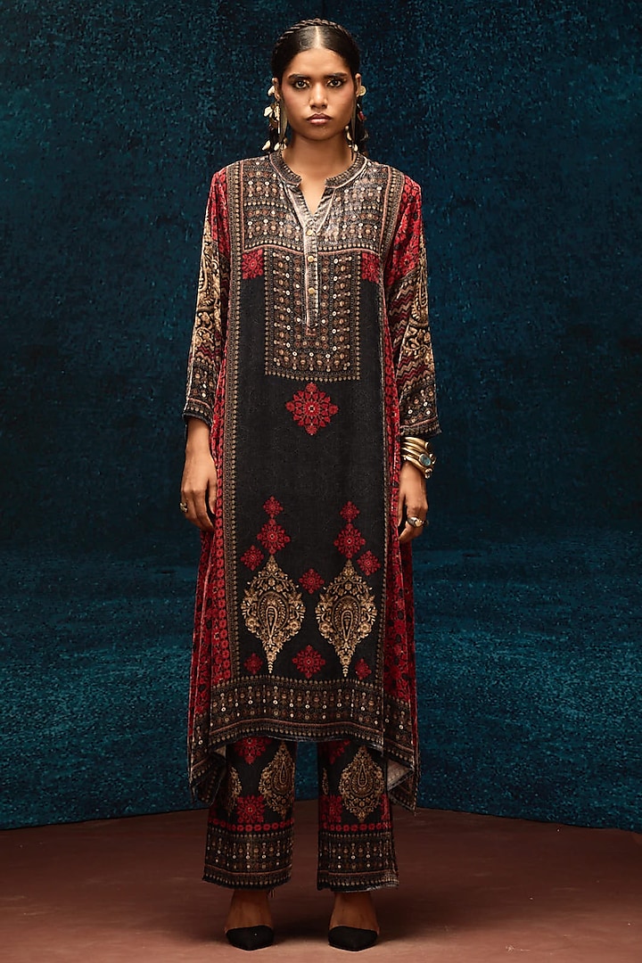 Red & Black Silk Velvet Long Tunic by Rajdeep Ranawat at Pernia's Pop Up Shop