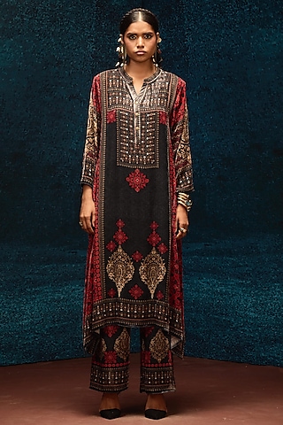 Red & Black Silk Velvet Long Tunic by Rajdeep Ranawat