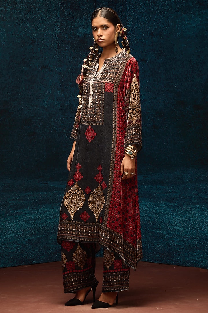 Red & Black Silk Velvet Long Tunic by Rajdeep Ranawat at Pernia's Pop Up Shop