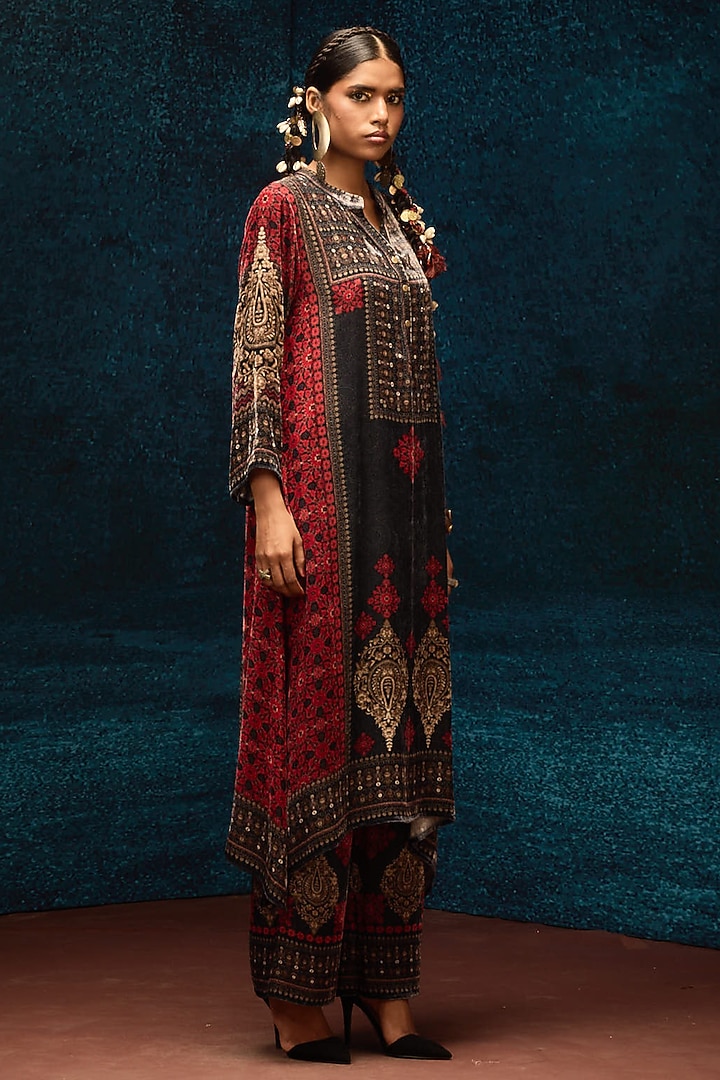 Red & Black Silk Velvet Long Tunic by Rajdeep Ranawat at Pernia's Pop Up Shop