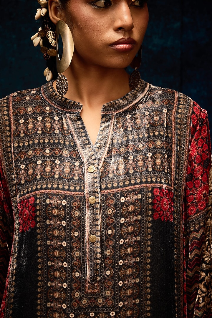 Red & Black Silk Velvet Long Tunic by Rajdeep Ranawat at Pernia's Pop Up Shop