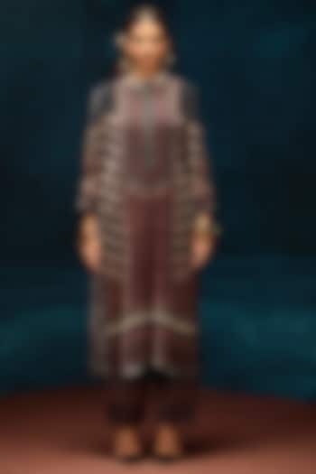 Black & Maroon Silk Velvet Printed Kurta by Rajdeep Ranawat at Pernia's Pop Up Shop