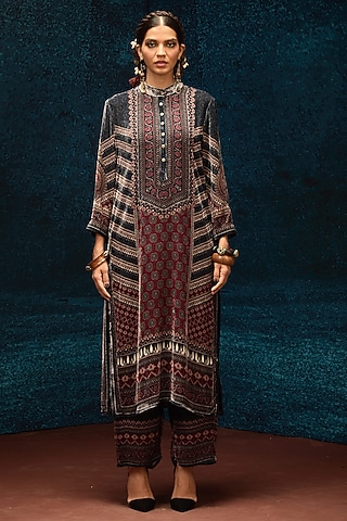 Black & Maroon Silk Velvet Printed Kurta by Rajdeep Ranawat