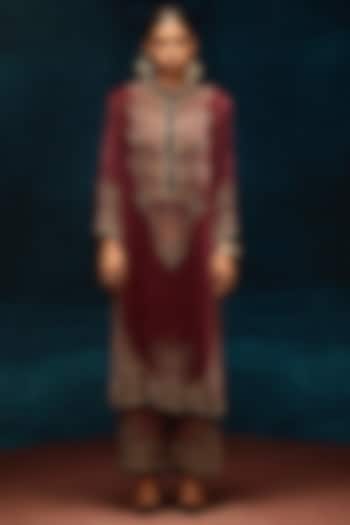 Maroon Silk Velvet Printed Kurta by Rajdeep Ranawat at Pernia's Pop Up Shop
