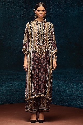 Burgundy Silk Velvet Tunic by Rajdeep Ranawat