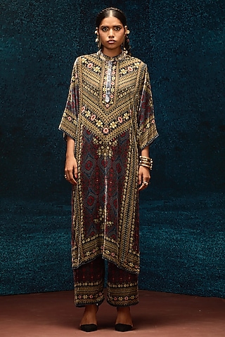 Blue & Maroon Silk Velvet Tunic by Rajdeep Ranawat