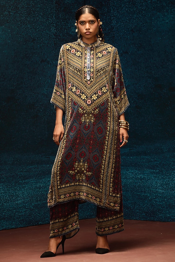 Blue & Maroon Silk Velvet Tunic by Rajdeep Ranawat at Pernia's Pop Up Shop