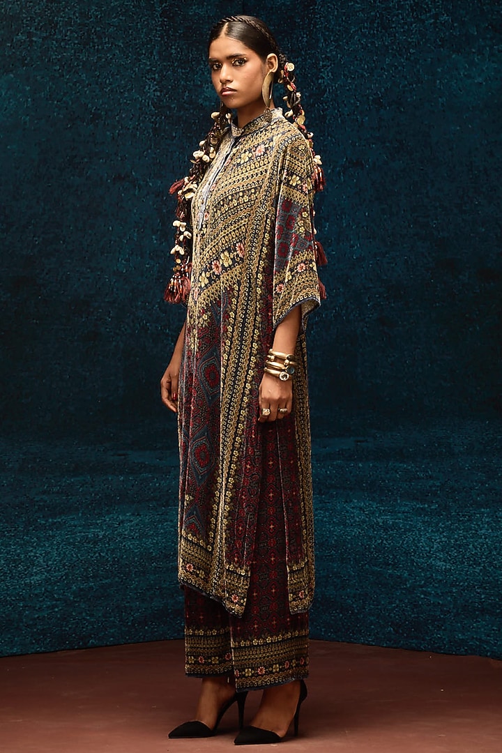 Blue & Maroon Silk Velvet Tunic by Rajdeep Ranawat at Pernia's Pop Up Shop