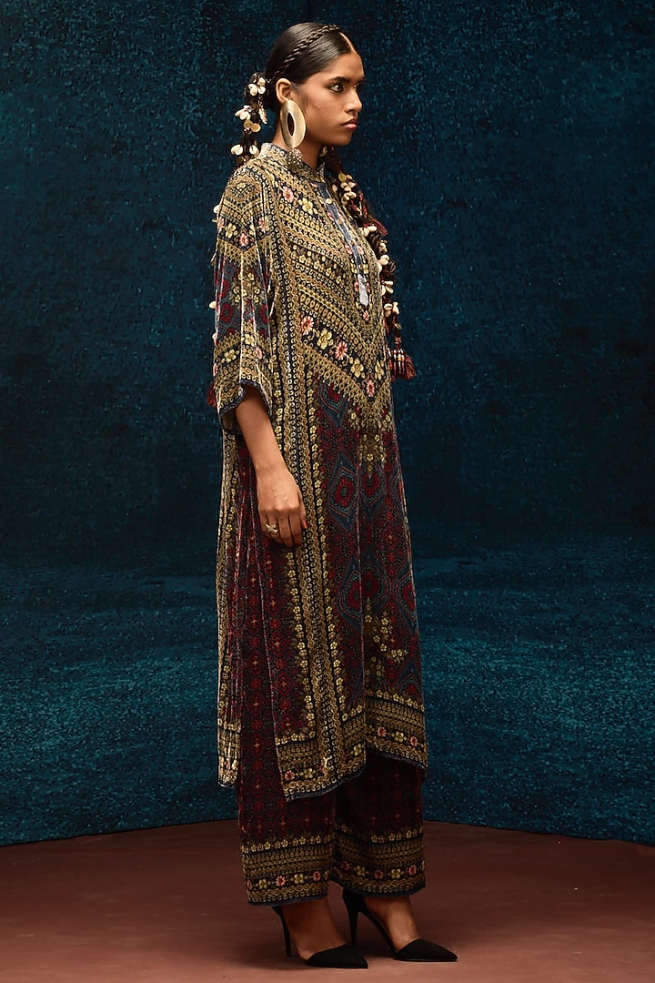 Blue & Maroon Silk Velvet Tunic by Rajdeep Ranawat at Pernia's Pop Up Shop