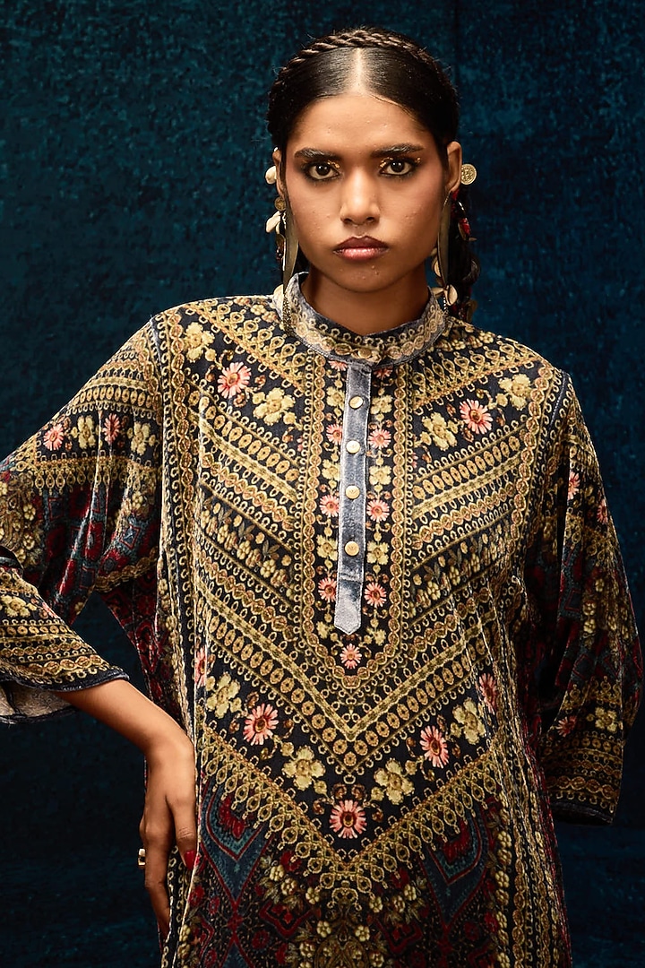 Blue & Maroon Silk Velvet Tunic by Rajdeep Ranawat at Pernia's Pop Up Shop