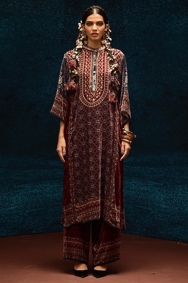 Blue & Maroon Silk Velvet Tunic by Rajdeep Ranawat at Pernia's Pop Up Shop