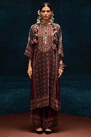 Blue & Maroon Silk Velvet Tunic by Rajdeep Ranawat