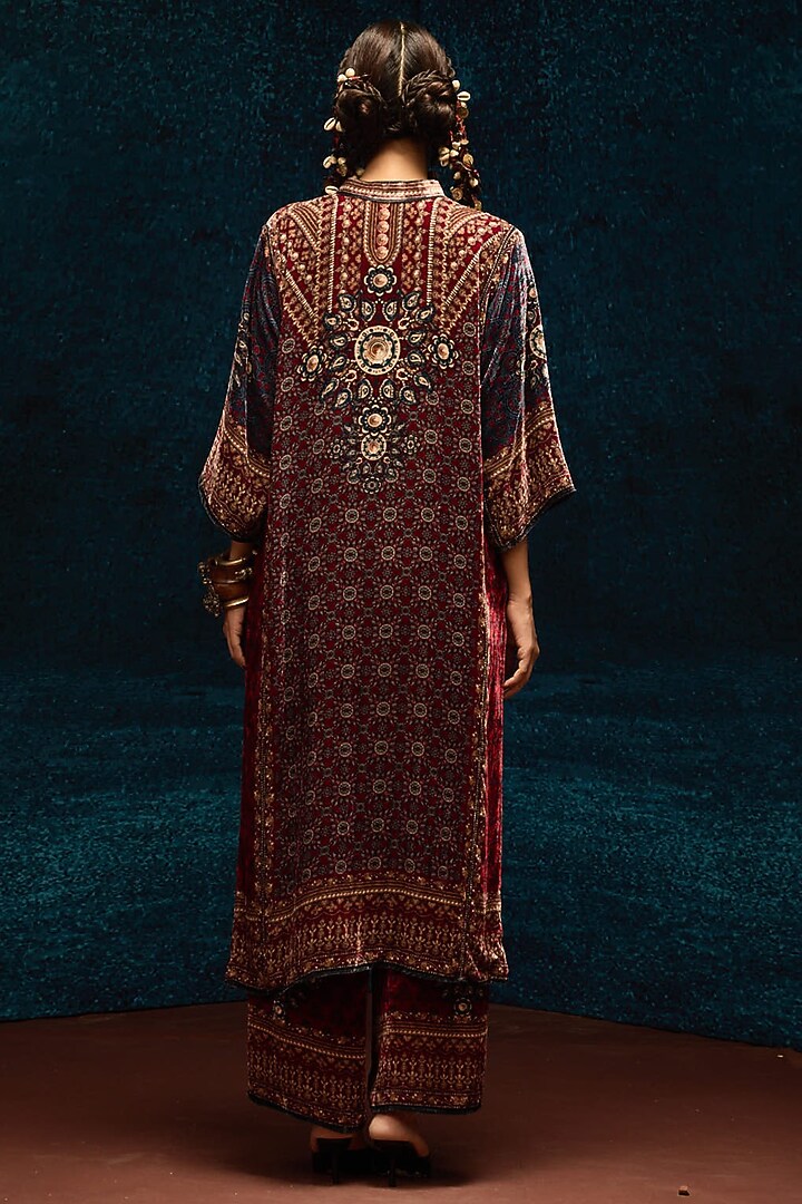 Blue & Maroon Silk Velvet Tunic by Rajdeep Ranawat at Pernia's Pop Up Shop