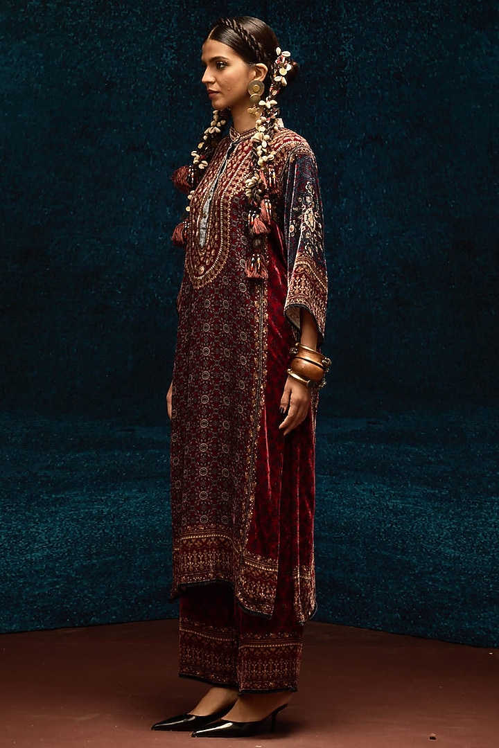 Blue & Maroon Silk Velvet Tunic by Rajdeep Ranawat at Pernia's Pop Up Shop