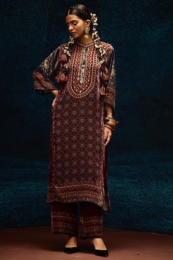 Blue & Maroon Silk Velvet Tunic by Rajdeep Ranawat at Pernia's Pop Up Shop