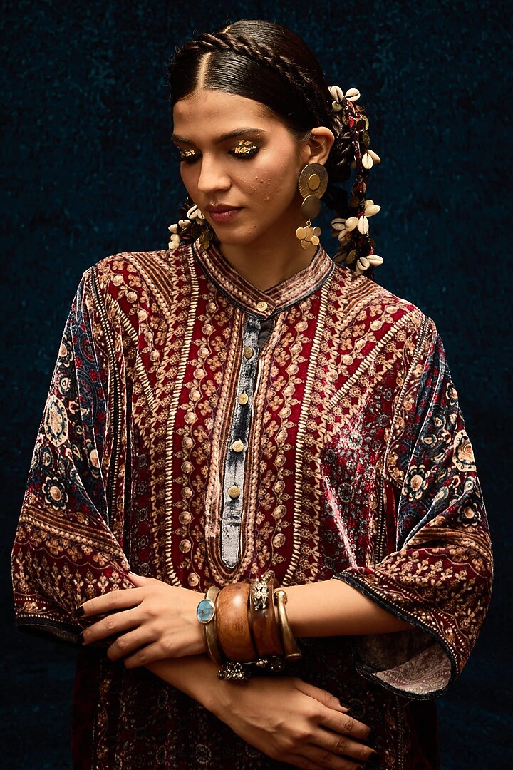 Blue & Maroon Silk Velvet Tunic by Rajdeep Ranawat at Pernia's Pop Up Shop