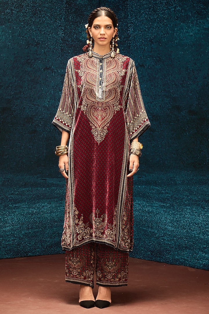 Maroon Silk Velvet Tunic by Rajdeep Ranawat at Pernia's Pop Up Shop