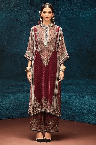 Maroon Silk Velvet Tunic by Rajdeep Ranawat