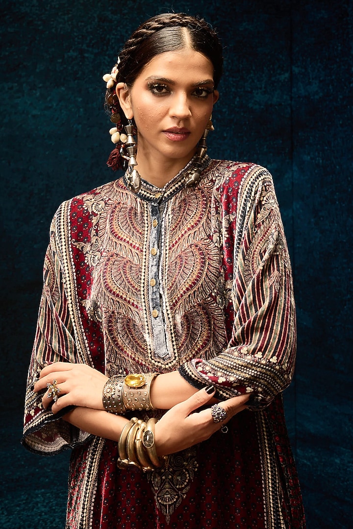 Maroon Silk Velvet Tunic by Rajdeep Ranawat at Pernia's Pop Up Shop