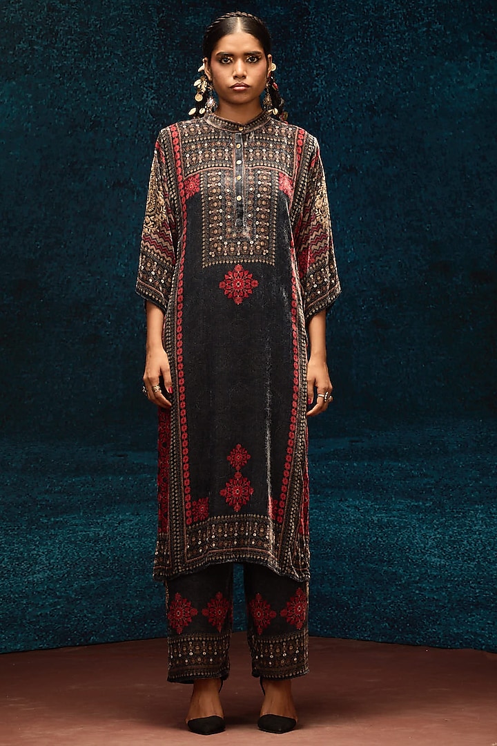Red & Black Silk Velvet Tunic by Rajdeep Ranawat at Pernia's Pop Up Shop