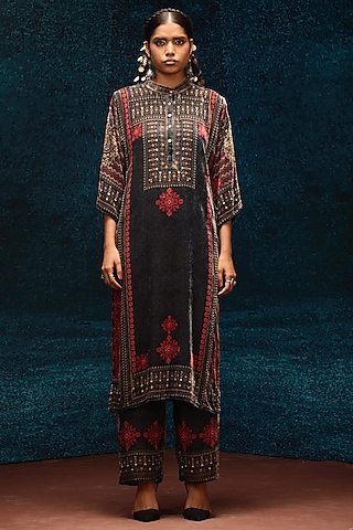 Red & Black Silk Velvet Tunic by Rajdeep Ranawat
