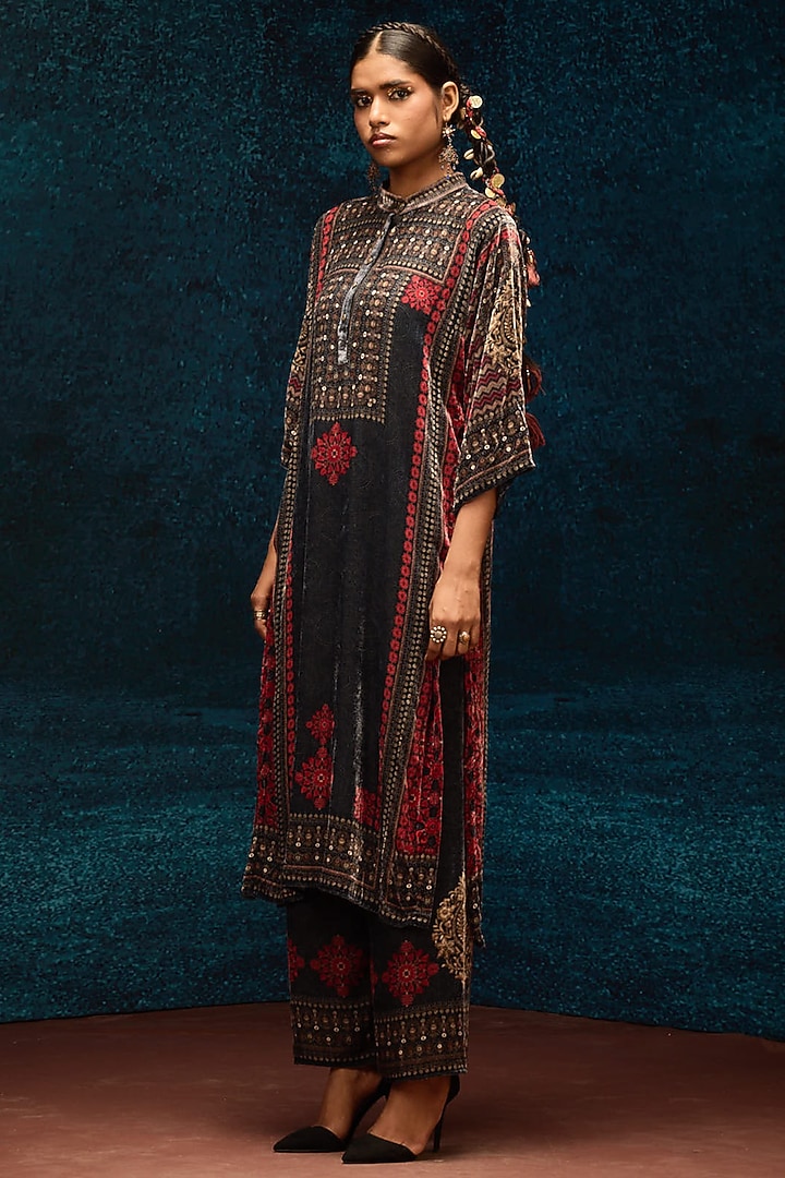 Red & Black Silk Velvet Tunic by Rajdeep Ranawat at Pernia's Pop Up Shop
