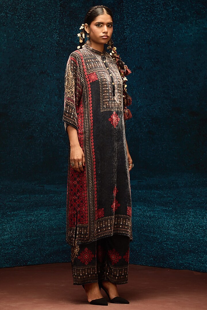 Red & Black Silk Velvet Tunic by Rajdeep Ranawat at Pernia's Pop Up Shop