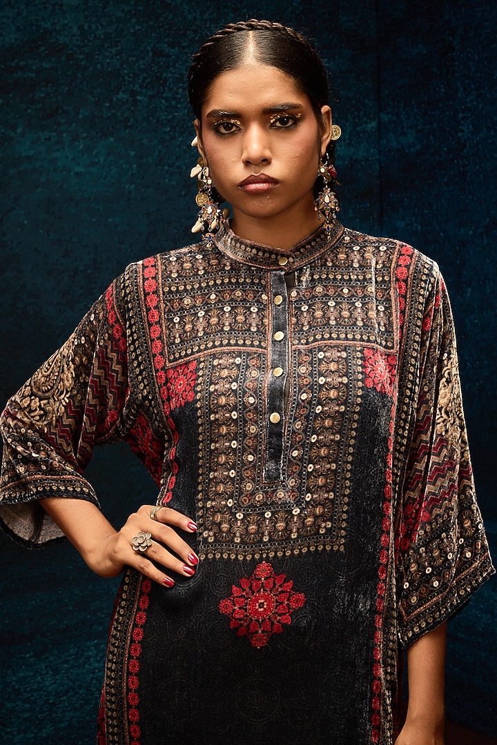 Red & Black Silk Velvet Tunic by Rajdeep Ranawat at Pernia's Pop Up Shop