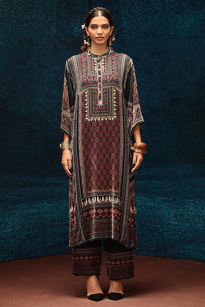 Black & Maroon Silk Velvet Tunic by Rajdeep Ranawat at Pernia's Pop Up Shop