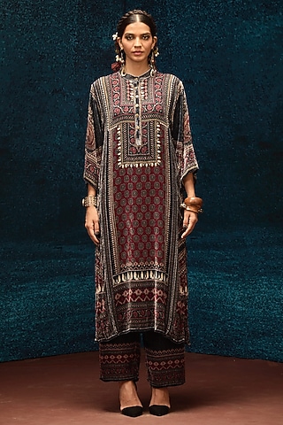 Black & Maroon Silk Velvet Tunic by Rajdeep Ranawat