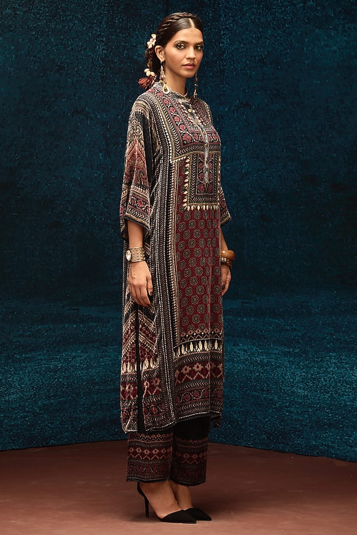 Black & Maroon Silk Velvet Tunic by Rajdeep Ranawat at Pernia's Pop Up Shop