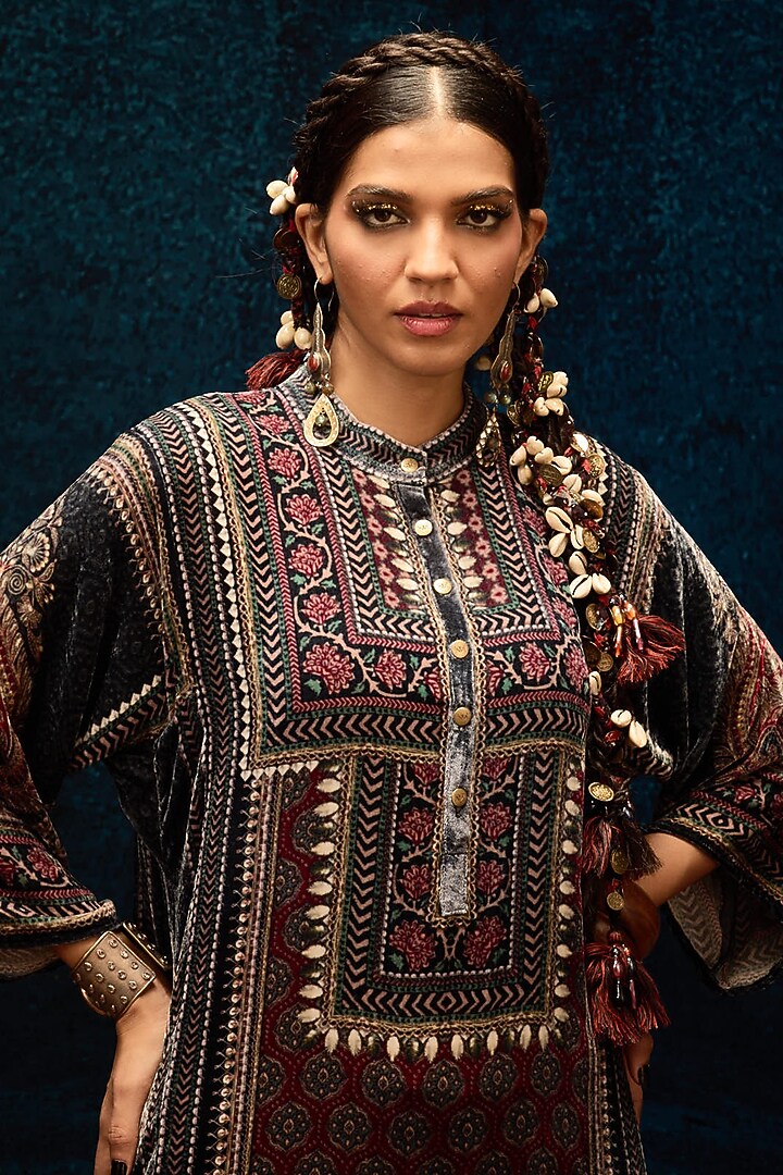Black & Maroon Silk Velvet Tunic by Rajdeep Ranawat at Pernia's Pop Up Shop