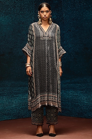 Black Silk Velvet Printed Tunic by Rajdeep Ranawat