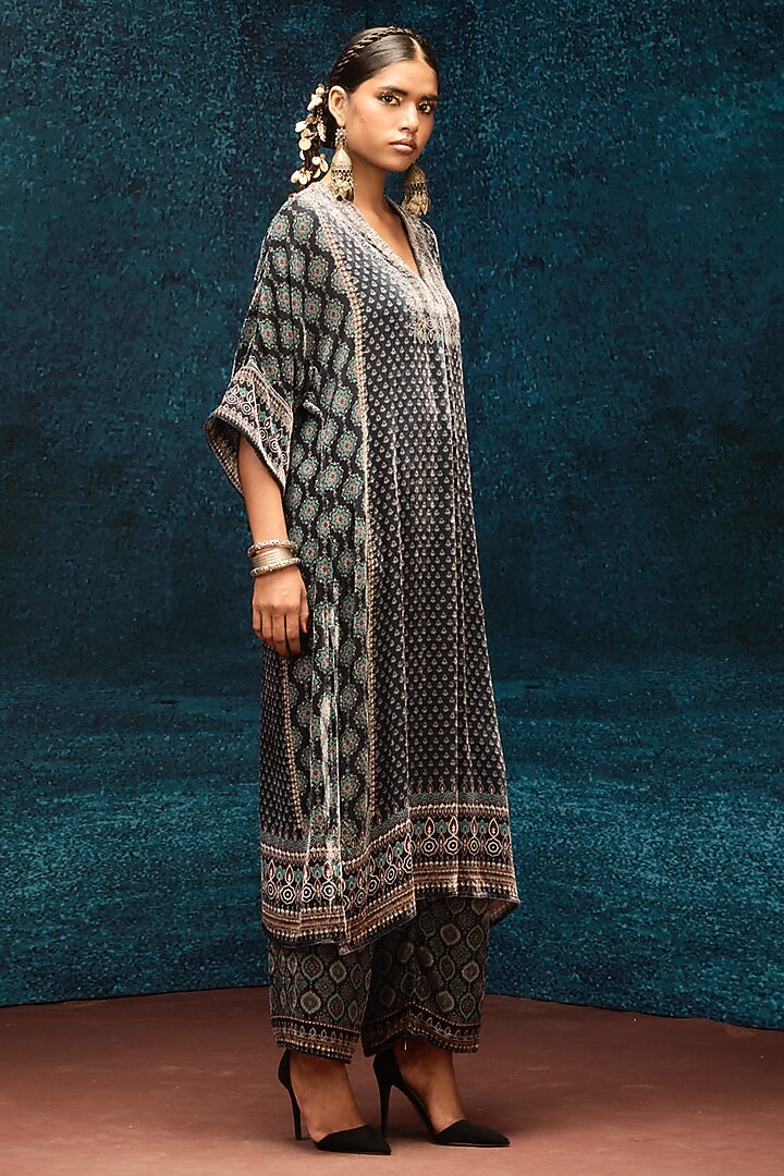 Black Silk Velvet Printed Tunic by Rajdeep Ranawat at Pernia's Pop Up Shop