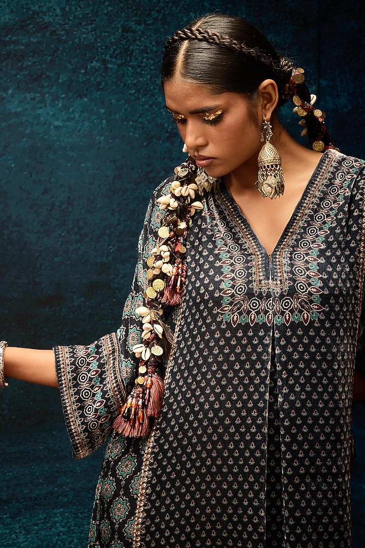 Black Silk Velvet Printed Tunic by Rajdeep Ranawat at Pernia's Pop Up Shop