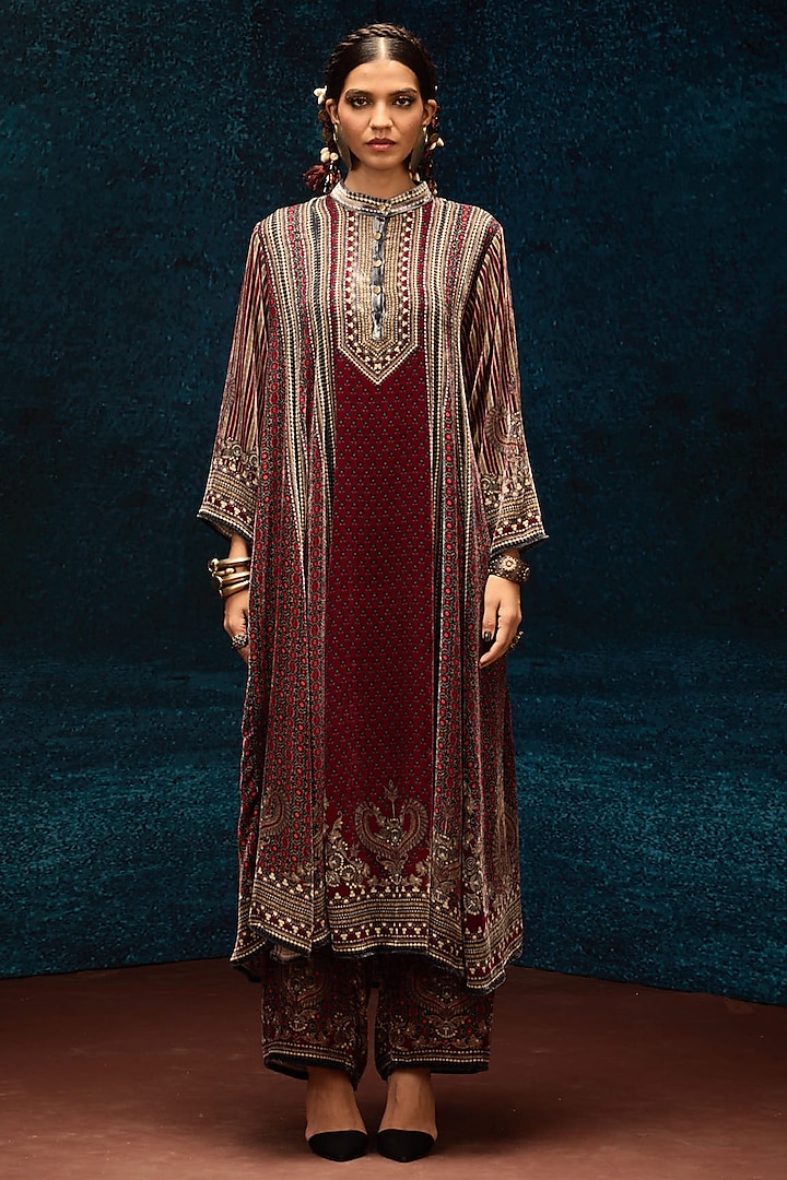 Maroon Silk Velvet Anarkali by Rajdeep Ranawat at Pernia's Pop Up Shop