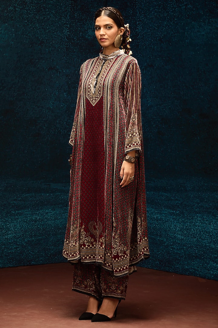 Maroon Silk Velvet Wedding Anarkali by Rajdeep Ranawat at Pernia's Pop Up Shop