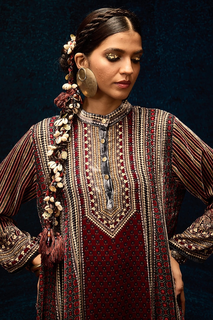 Maroon Silk Velvet Wedding Anarkali by Rajdeep Ranawat at Pernia's Pop Up Shop