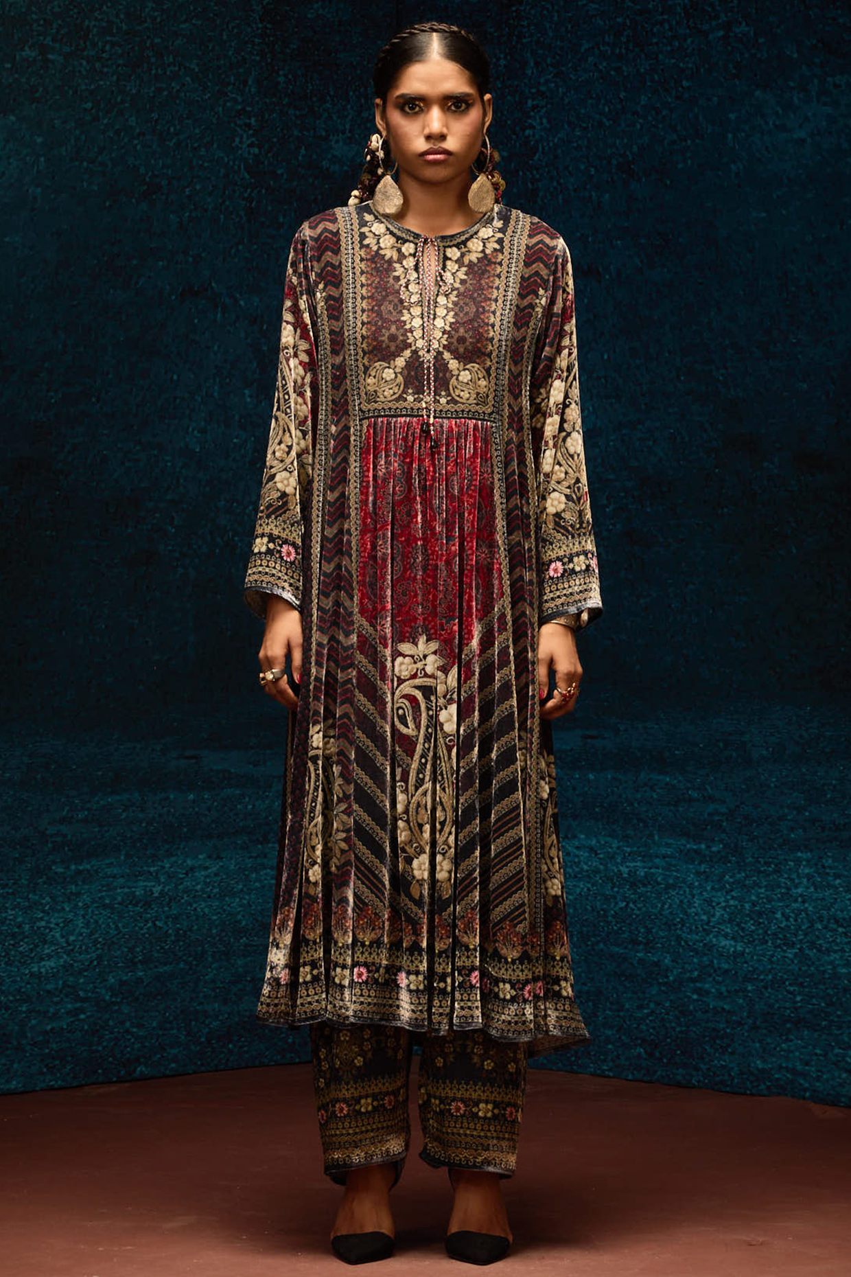 Multi-Colored Silk Velvet Printed Wedding Anarkali by Rajdeep Ranawat at Pernia's Pop Up Shop