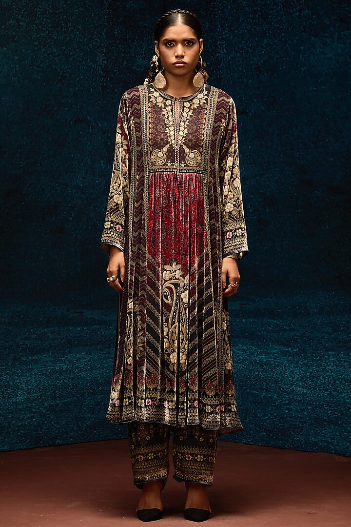 Multi-Colored Silk Velvet Printed Wedding Anarkali by Rajdeep Ranawat at Pernia's Pop Up Shop