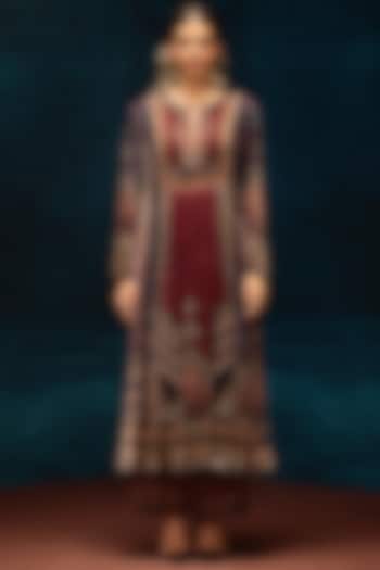 Blue & Maroon Silk Velvet Printed Wedding Anarkali by Rajdeep Ranawat at Pernia's Pop Up Shop