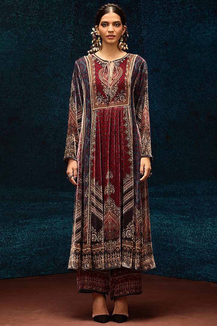 Blue & Maroon Silk Velvet Printed Wedding Anarkali by Rajdeep Ranawat at Pernia's Pop Up Shop