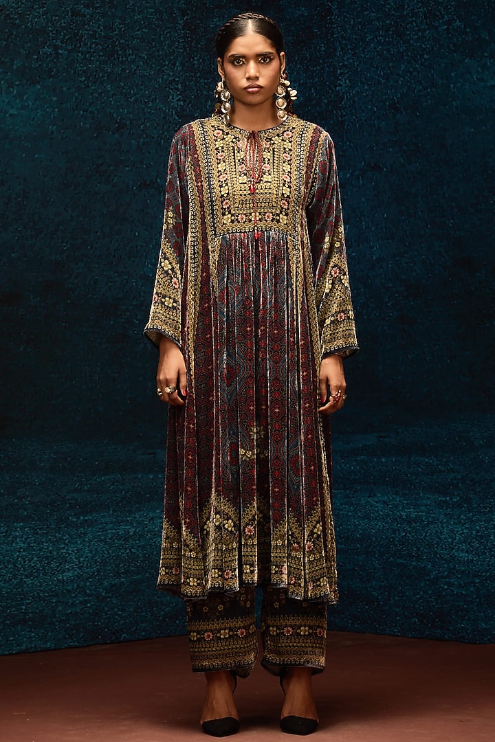 Blue & Maroon Silk Velvet Printed Wedding Anarkali by Rajdeep Ranawat at Pernia's Pop Up Shop